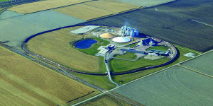 An overhead view of CVA's Oakland, NE, facility, showing the cooperative's "loop rail" design during the spring busy season.