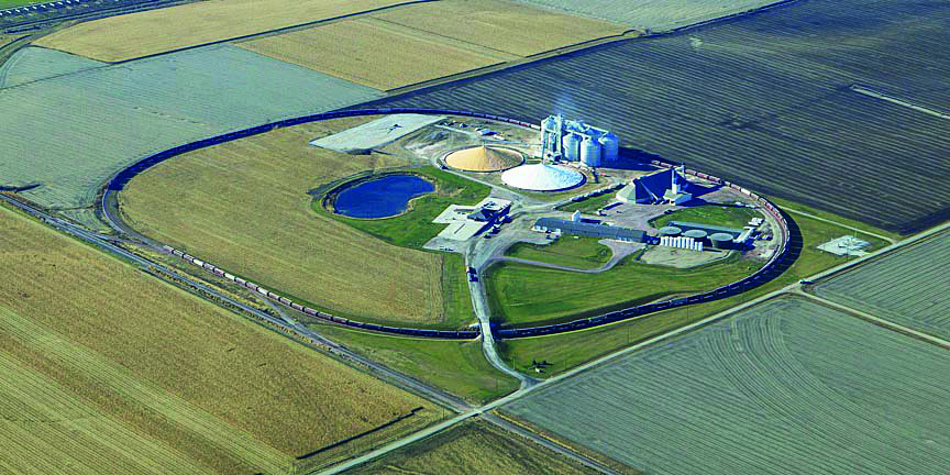 An overhead view of CVA's Oakland, NE, facility, showing the cooperative's "loop rail" design during the spring busy season.