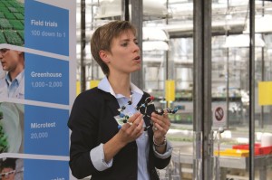 BASF Representative Sarah Dunker holds an example of the company's Xemium herbicide molecule. 