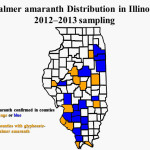 The known distribution of Palmer amaranth in Illinois based on 2012–2013 surveys by university weed scientists.