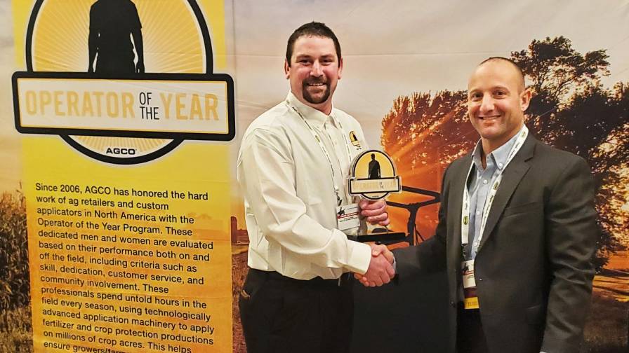 Kolby Watson (left) of St. Anthony, Idaho, was presented with AGCO’s Operator of the Year award by Greg Pumo (right), director of marketing for Fendt North America, at the Agricultural Retailers Association Annual Conference & Expo in San Antonio, Texas, on December 1, 2021. The award recognizes professional applicators for skills, dedication, and service to their local communities.