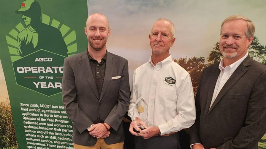 Lee Pemberton (center) of Hallock, Minnesota, was presented with AGCO’s Operator of the Year award by David Fickel (left), Fendt Application Senior Marketing Manager, and Craig Jorgensen (right), Fendt Account Manager, at the ARA Annual Conference in Orlando, Florida, on November 29, 2023. The award recognizes professional applicators for skills, dedication, and service to their local communities.