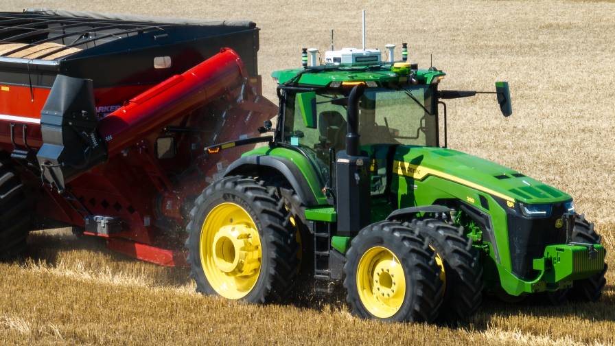 OutRun is a self-contained retrofit kit that enables autonomous grain cart operation on John Deere 8R or 8000R tractors with IVT.